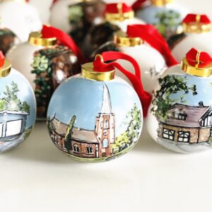 heirloom ceramic home portrait ornament with coordinating ribbon and gift box