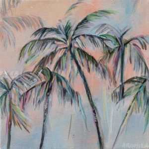 Original tropical coastal landscape painting with blue ocean and palm trees