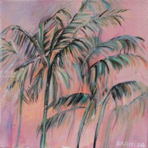 Original tropical sunset landscape painting with rosy sky and palm trees