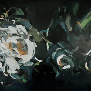 Original floral abstract painting with a white rose and green background