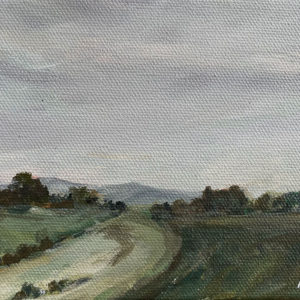 Original path landscape painting through a quiet wooded meadow