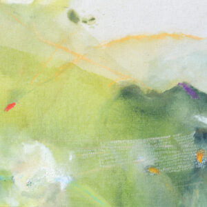 Abstract green and orange watercolor painting on canvas.