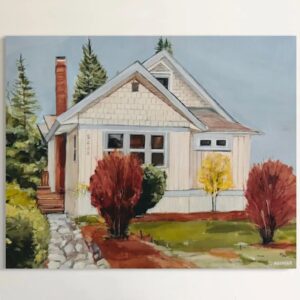 Painting of a cozy house with autumn trees