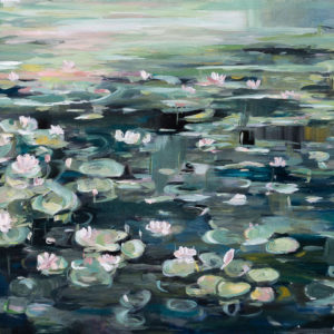 Original green water lily pond landscape painting