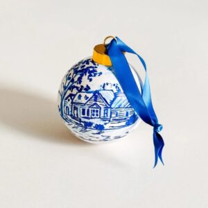 Custom white-and-blue hand-painted ceramic house ornament