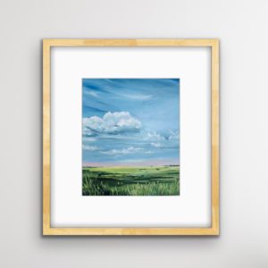 Blue sky with puffy white clouds and green grass painting