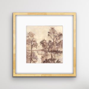 Sepia Landscape Painting with tree reflections in water
