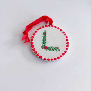 Personalized hand-painted initial ceramic ornament with ribbon