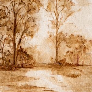 Sepia watercolor painting of serene wooded landscape