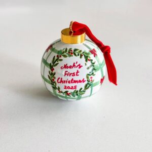 Personalized Baby’s First Christmas ceramic ornament in red and green