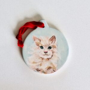 Personalized hand-painted ceramic pet portrait ornament with ribbon