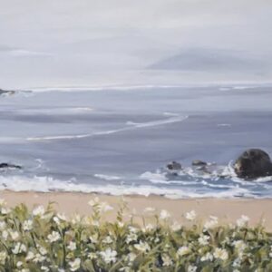 Original coastal painting of seaside daisies beside a misty shoreline
