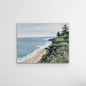 Seascape painting with beach and coastal vegetation.