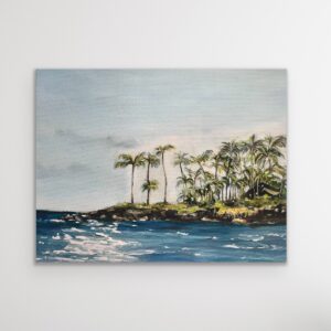 Coastal landscape painting with palm trees and ocean.