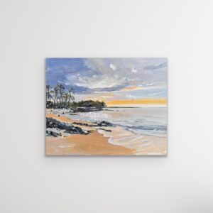 Canvas painting of a tropical beach at sunset.