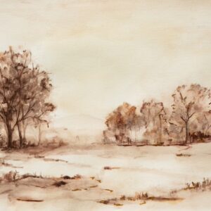 Sepia watercolor landscape with trees and distant hills